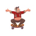 Cute senior man with grey beard riding on skateboard