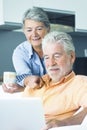 Cute senior man and woman using computer at home. Man sitting on the sofa and woman behind him watching the laptop display. Mature Royalty Free Stock Photo