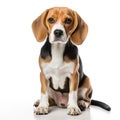 cute serious beagle dog sitting isolated on white background