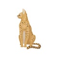 Cute serval sitting and looking around. Wild cat with black spots on body and large ears. African animal. Flat vector