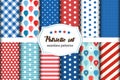 Cute set of American patriotic red, white and blue geometric seamless patterns with stars. Royalty Free Stock Photo