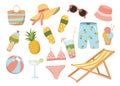 Cute set of beach party elements. Vector hand drawn summer clipart on white background