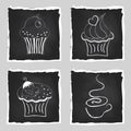 Cute set of bright cupcakes and cup of coffee on chalkboard back