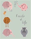 Cute set of cartoon animals stickers. cute elephant, hippo, and elephant stickers with text