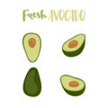 Cute set with cartoon half avocado and whole of fresh avocado.