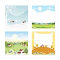 Cute set cartoon of landscape natural backgrounds of four seasons. Winter wonderland, Spring farm land, Sunny day wild flowers Royalty Free Stock Photo