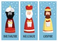 Cute set of Christmas greeting cards, gift tags with three magi. Royalty Free Stock Photo