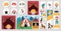 Cute set of circus cards with clown, artists, animals. Vector street show square, round, vertical print templates. Amusement park Royalty Free Stock Photo