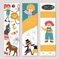 Cute set of circus vertical cards with clown, artists, animals. Vector street show print templates. Amusement park or birthday Royalty Free Stock Photo