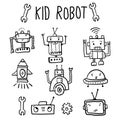 Cute set collection with childish robot and different items funny drawing. Children robo cartoon isolated on white background. Old