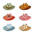 Cute set of cowgirl and cowboy hat. Sheriff hat with hearts, cow, flower print in cowboy and cowgirl western theme Royalty Free Stock Photo