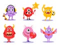 Cute Set Of Different Cartoon Monsters Characters In Flat Style. Vector Illustration With Funny Creatures On White Royalty Free Stock Photo