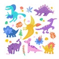 Cute set dinosaurs hand drawn vector color characters. Dino flat clipart. Sketch prehistoric animals. Jurassic reptiles