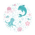 Cute set dolphin, octopus, fish, jellyfish. underwater world collection