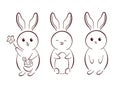 Cute set of Easter bunny in line art style. Rabbit with flowers, basket and eggs. Vector illustration isolated on a Royalty Free Stock Photo