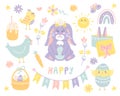 Cute set of Easter design elements with rabbit, eggs, flowers, chicken in pastel spring colors, hand lettering, flat Royalty Free Stock Photo