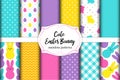 Cute set of Easter seamless patterns design with funny cartoon characters of bunnies