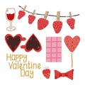 Cute set of elements for Valentine\'s Day,strawberry ,wine glass ,heart shaped cups ,chocolate,lollipop set. Romantic vector Royalty Free Stock Photo