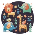 Cute set with elephants, lion,giraffe, birds, plants, jungle, flowers, hearts, leafs, stone, berry for kids