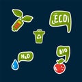 Cute set of Energy Saving stickers. Natural energy sources bucket for recycling garbage, water, fruit, label bio, eco