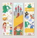 Cute set of fairytale vertical cards with princess, castle, witch, dragon, prince. Vector fairy tale vertical print templates. Royalty Free Stock Photo