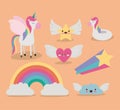 Cute set fantasy elements unicorn rainbow cloud star heart with wings in color background Royalty Free Stock Photo