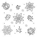 Cute set of flowers with branches in doodle style for different types of decoration, postcards, stickers. Royalty Free Stock Photo