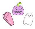 Vector Cute set of halloween icons in flat style. Pink coffin, ghost, spooky purple pumpkin.