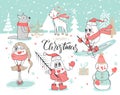 Cute set with cute hand-drawn animals and snowmen. Merry Christmas and Happy New Year. Vector illustration. Royalty Free Stock Photo
