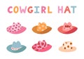Cute set of hand drawn cowgirl hats. Sheriff girl hat with hearts, cow, flower print in cowboy and western theme. Simple Royalty Free Stock Photo