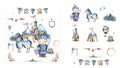 Cute set with hand drawn watercolor isolated colored clip art on the theme of kingdom on white color. Set of fairy tale elements