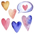 Cute set of hearts for valentine`s day. Watercolor illustration for valentines day hand drawn and isolated on white background