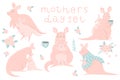 Cute set with illustrations of adorable kangaroo mother and her baby, lettering on white background.