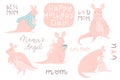 Cute set with illustrations of adorable kangaroo mother and her baby, lettering on white background. Royalty Free Stock Photo