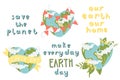 Cute set with illustrations of earth and earth day lettering on white background.