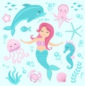 Cute set Little mermaid and underwater world. Royalty Free Stock Photo