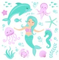 Cute set Little mermaid and underwater world. Fairytale princess mermaid and dolphin, octopus, seahorse, fish, jellyfish Royalty Free Stock Photo