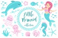 Cute set Little mermaid and underwater world. Fairytale princess mermaid and dolphin, octopus, seahorse, fish, jellyfish