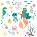 Cute set Little mermaid and underwater world. Fairytale princess mermaid and seahorse, fish, jellyfish, crab. Under water in the s Royalty Free Stock Photo