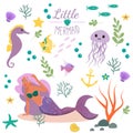 Cute set Little mermaid and underwater world. Fairytale princess mermaid and seahorse, fish, jellyfish. Under water in the sea myt Royalty Free Stock Photo