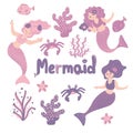 Cute set Little mermaid and underwater world. Under water in the sea mythical marine collection. Funny cartoon Royalty Free Stock Photo