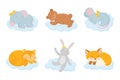 Cute set with little sleeping animals resting on cloud