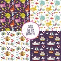 Cute set of marine patterns with mermaids, sea, ships, yachts, seaweed, Seagull, fish, waves, corals, anchor