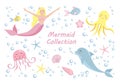 Cute set mermaid and dolphin, octopus, fish, jellyfish. underwater world collection Royalty Free Stock Photo