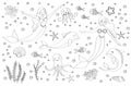 Cute set of mermaid princess and dolphin, octopus, fish, jellyfish, coral. underwater world collection. elements sketch outline Royalty Free Stock Photo