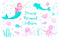 Cute set of mermaid princess and dolphin, octopus, fish, jellyfish, coral. underwater world collection. vector eps10 Royalty Free Stock Photo