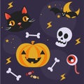 Cute set of objects for Halloween. Cat, pumpkin, candy, eye, bat