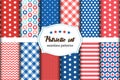 Cute set of American patriotic red, white and blue geometric seamless patterns with stars. Royalty Free Stock Photo