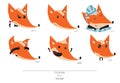 Cute set of playful foxes heads with various emotions. Sleepy, woohoo, hiding, please, like a sir, Hand drawn cute illustra
