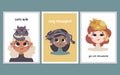 Cute vector set of postcards with women heads with cats on them. Beautiful girls with their pets and quotes about cats.